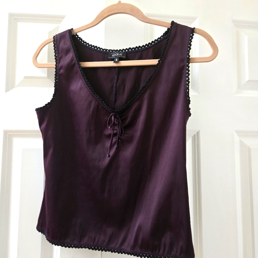 Vintage Y2K Top S French Sleeveless Lace Trim Tie Front Bow Purple Black VNeck